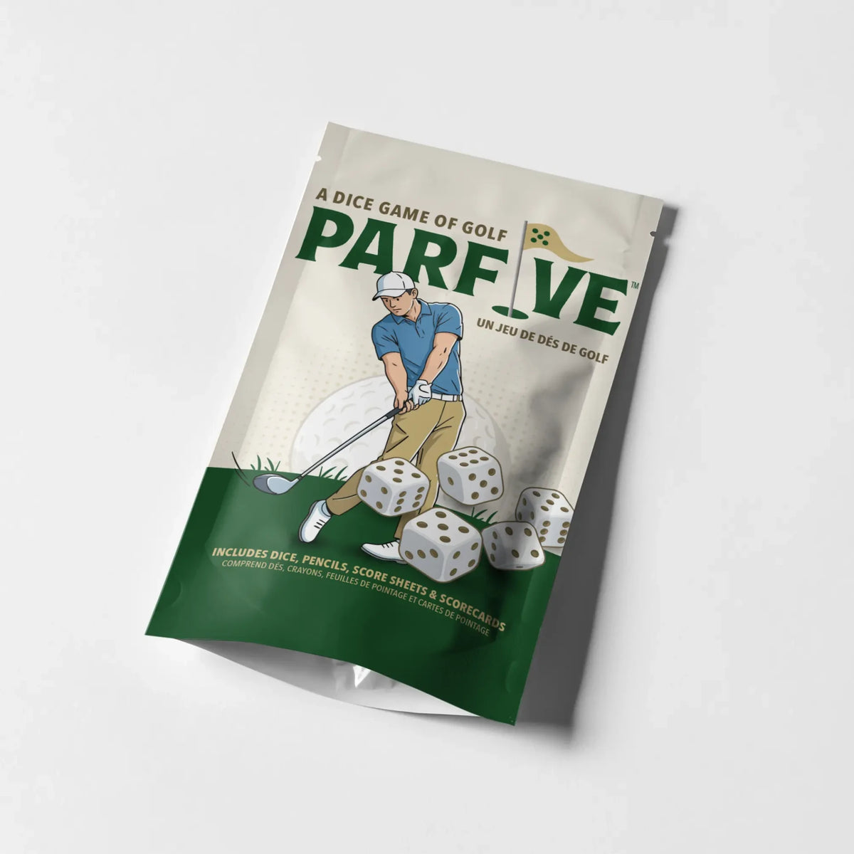 Parfive golf dice game package, front view