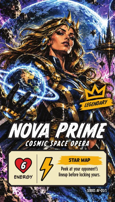 Nova Prime — Legendary, Cosmic Space Opera. Energy 6. Power Up STAR MAP: Peek at your opponent's lineup before locking yours.