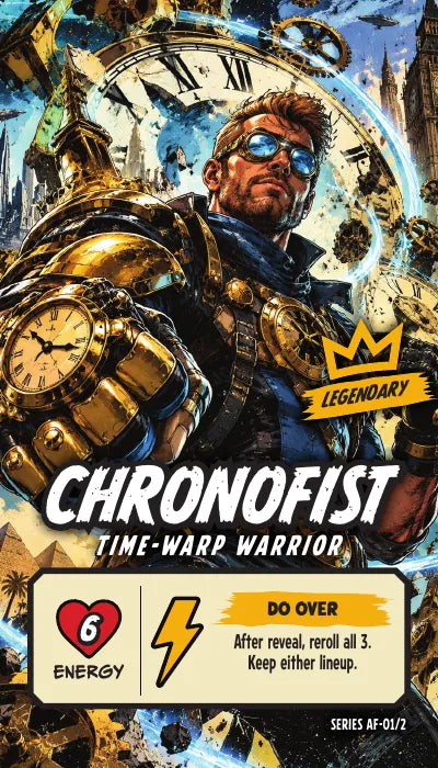 Chronofist — Legendary, Time-Warp Warrior. Energy 6. Power Up DO OVER: After reveal, reroll all 3. Keep either lineup.