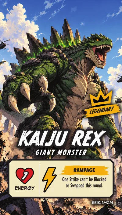 Kaiju Rex — Legendary, Giant Monster. Energy 7. Power Up RAMPAGE: One Strike can't be Blocked or Swapped this round.