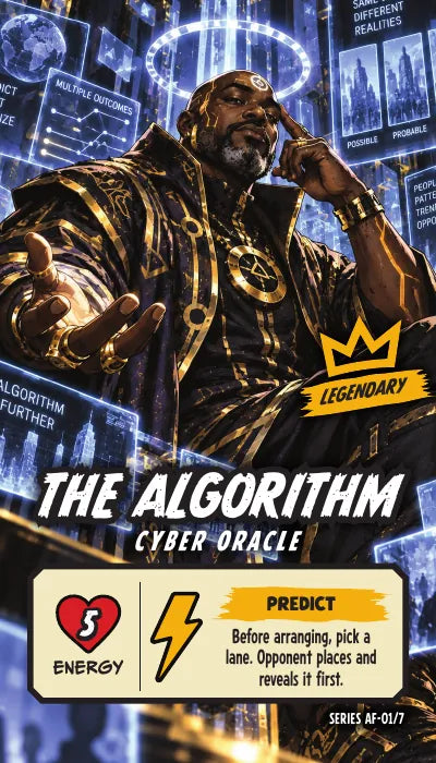 The Algorithm — Legendary, Cyber Oracle. Energy 5. Power Up PREDICT: Before arranging, pick a lane. Opponent places and reveals it first.
