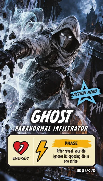 Ghost — Action Hero, Paranormal Infiltrator. Energy 7. Power Up PHASE: After reveal, your die ignores its opposing die in one strike.