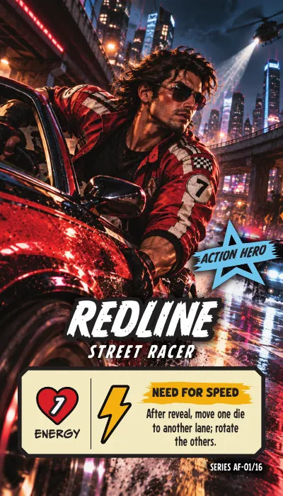 Redline — Action Hero, Street Racer. Energy 7. Power Up NEED FOR SPEED: After reveal, move one die to another lane; rotate the others.