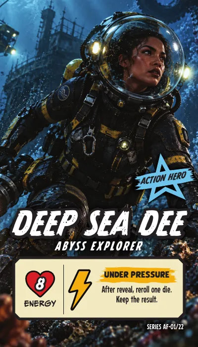 Deep Sea Dee — Action Hero, Abyss Explorer. Energy 8. Power Up UNDER PRESSURE: After reveal, reroll one die. Keep the result.