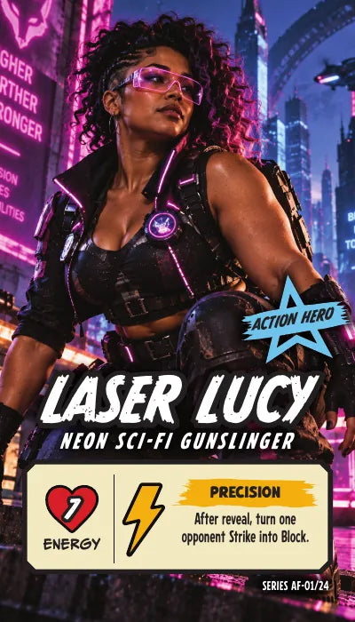 Laser Lucy — Action Hero, Neon Sci-Fi Gunslinger. Energy 7. Power Up PRECISION: After reveal, turn one opponent Strike into Block.