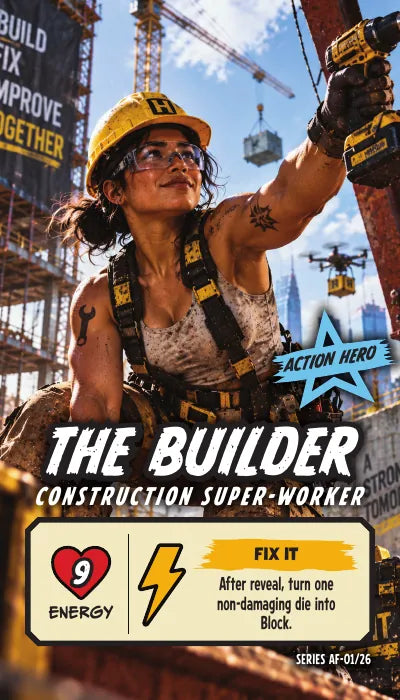 The Builder — Action Hero, Construction Super-Worker. Energy 9. Power Up FIX IT: After reveal, turn one non-damaging die into Block.