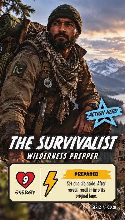 The Survivalist — Action Hero, Wilderness Prepper. Energy 9. Power Up PREPARED: Set one die aside. After reveal, reroll it into its original lane.