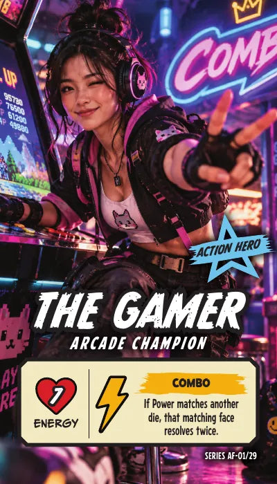 The Gamer — Action Hero, Arcade Champion. Energy 7. Power Up COMBO: If Power matches another die, that matching face resolves twice.