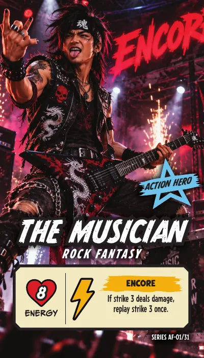 The Musician — Action Hero, Rock Fantasy. Energy 8. Power Up ENCORE: If strike 3 deals damage, replay strike 3 once.