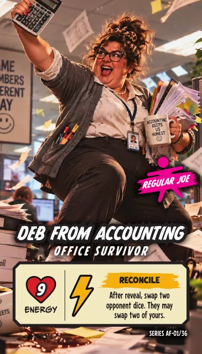 Deb From Accounting — Regular Joe, Office Survivor. Energy 9. Power Up RECONCILE: After reveal, swap two opponent dice. They may swap two of yours.