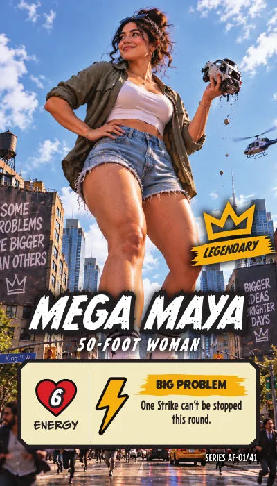 Mega Maya — Legendary, 50-Foot Woman. Energy 6. Power Up BIG PROBLEM: One Strike can't be stopped this round.