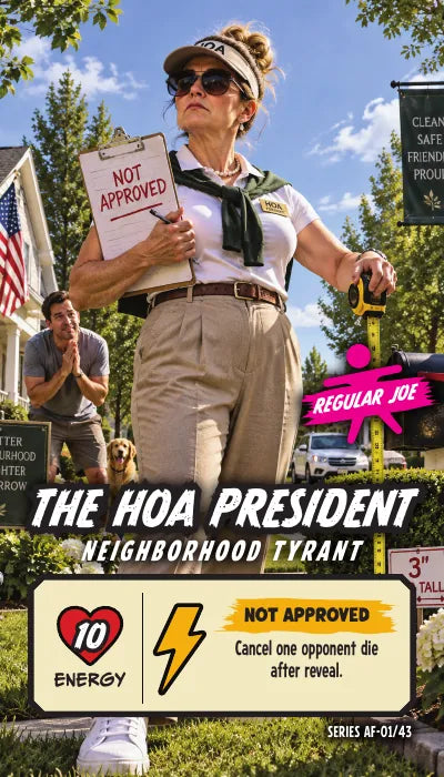 The HOA President — Regular Joe, Neighborhood Tyrant. Energy 10. Power Up NOT APPROVED: Cancel one opponent die after reveal.